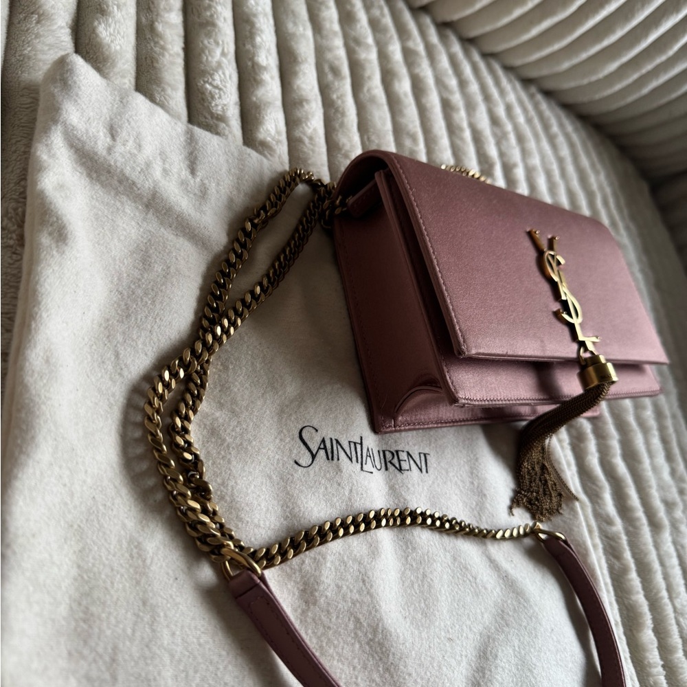 AUTHENTIC Saint Laurent YSL Kate Tassel Chain Bag Satin Dragee Pink Small NWT - Picture 10 of 16